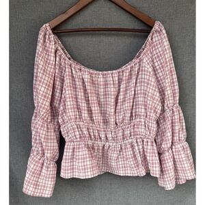 WAYF Milk Maid Top Babydoll Pink Gingham Crop Size XL Feminine‎ Smocked
